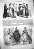 Original Old Antique Print 1861 Tuscan Peasant Women Paris Fashion Dresses 19th