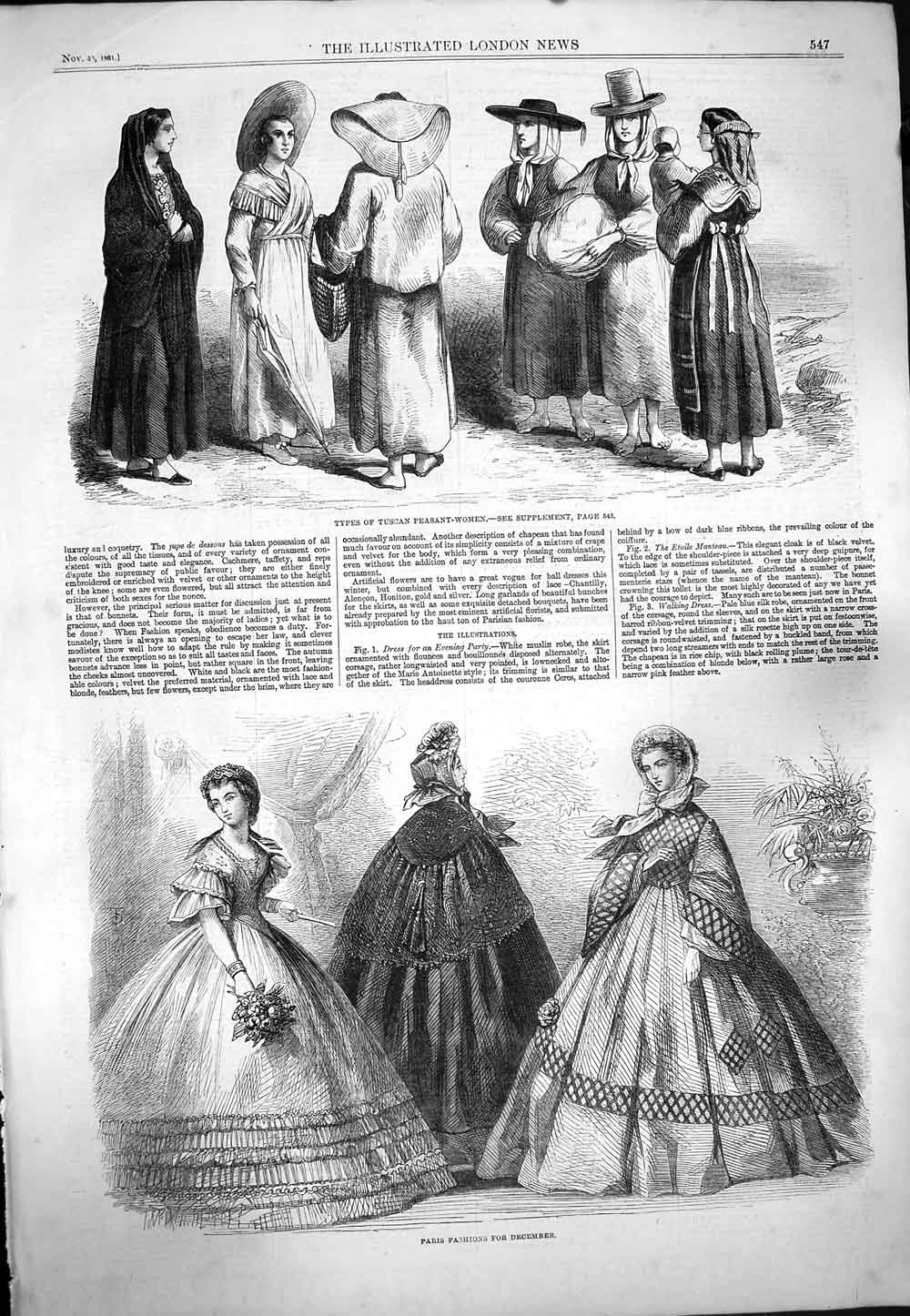 Original Old Antique Print 1861 Tuscan Peasant Women Paris Fashion Dresses 19th