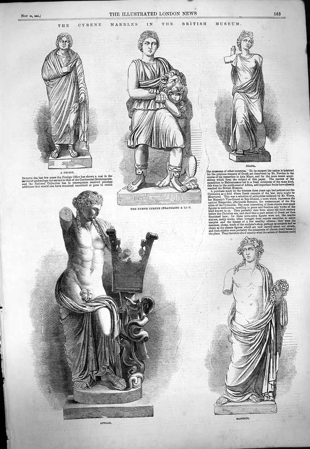 Old Antique Print 1861 Cyrene Marbles British Museum Apollo Bacchus Diana 19th