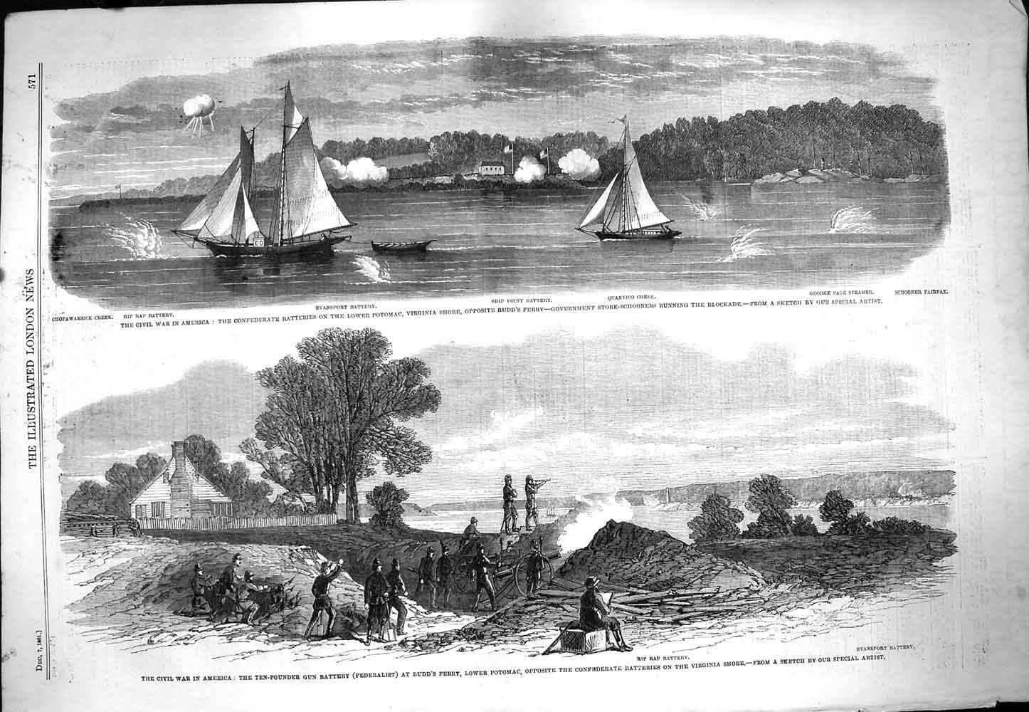 Old Antique Print 1861 War America Budd Ferry Potomac Creek Battery Yacht 19th