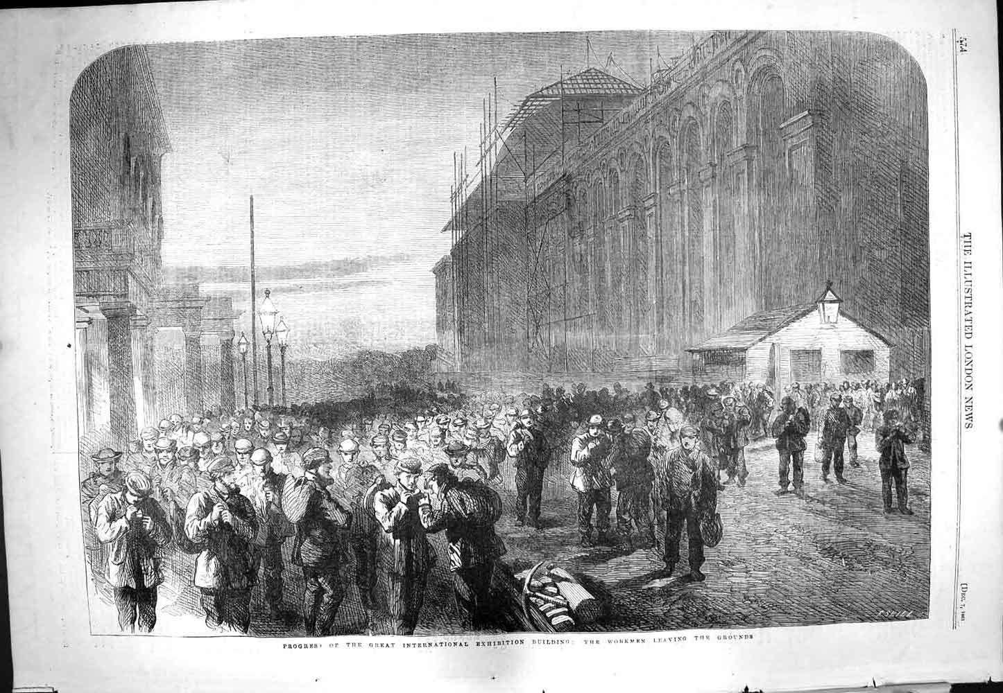 Original Old Antique Print 1861 Progress International Exhibition Building 19th