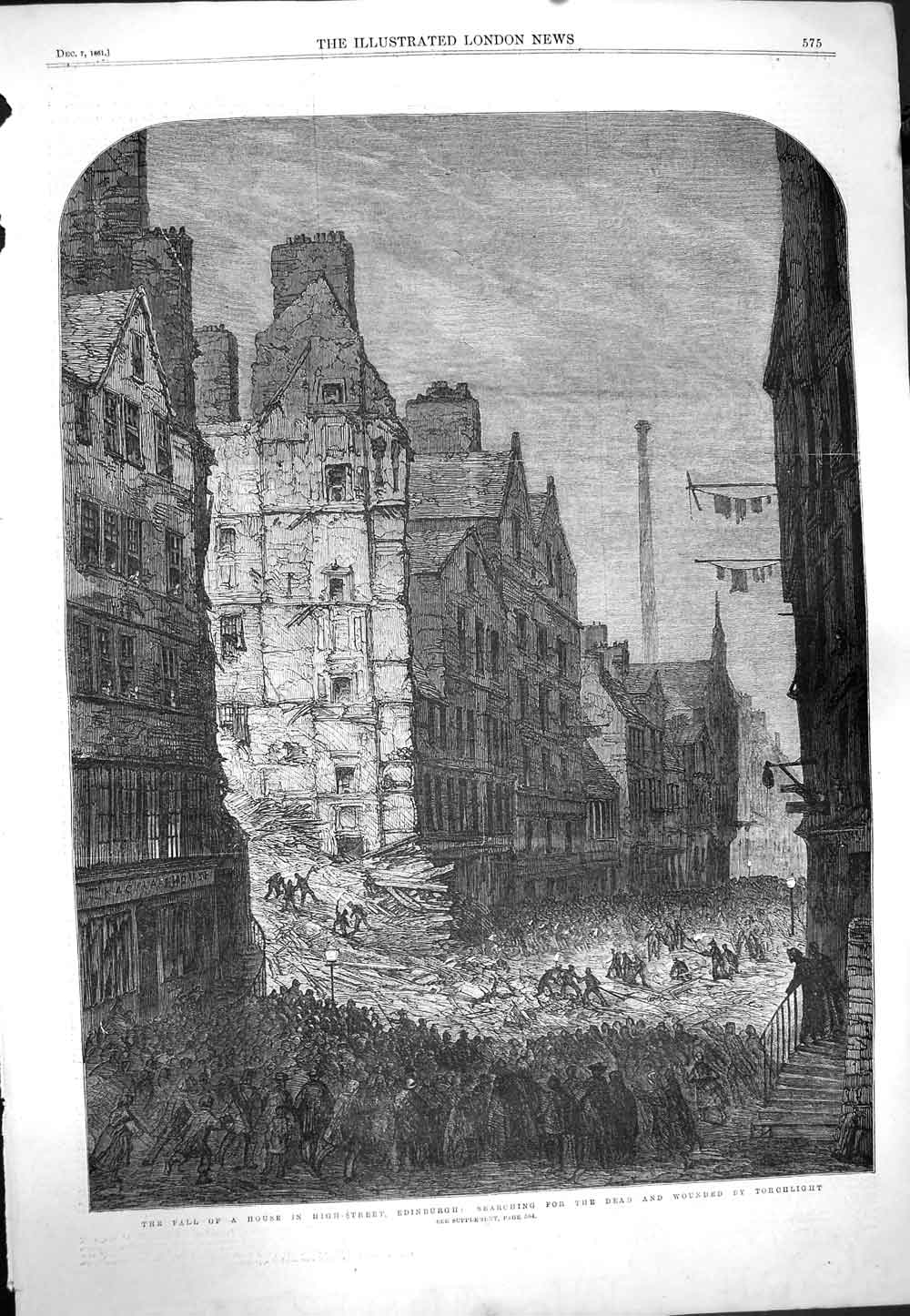 Old Antique Print 1861 Ruins House High Street Edinburgh Rescue Mission 19th