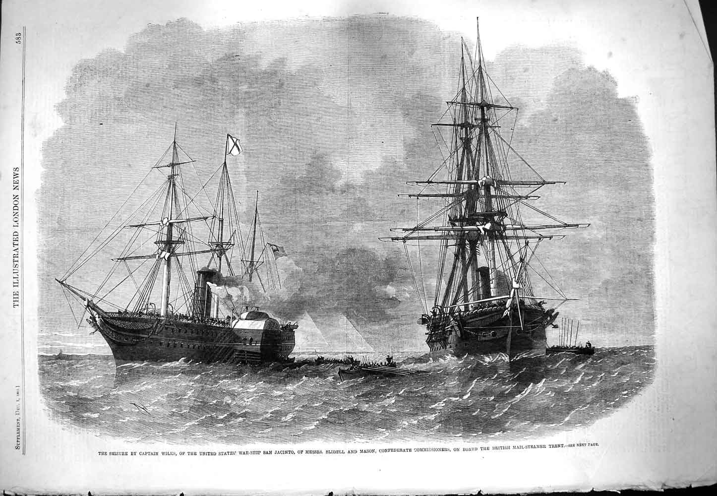 Original Old Antique Print 1861 Captain Wilkes War Ship San Jacinto Britis 19th