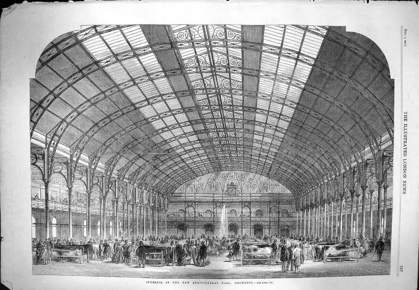 Old Antique Print 1861 Interior Agricultural Hall Islington Architecture 19th