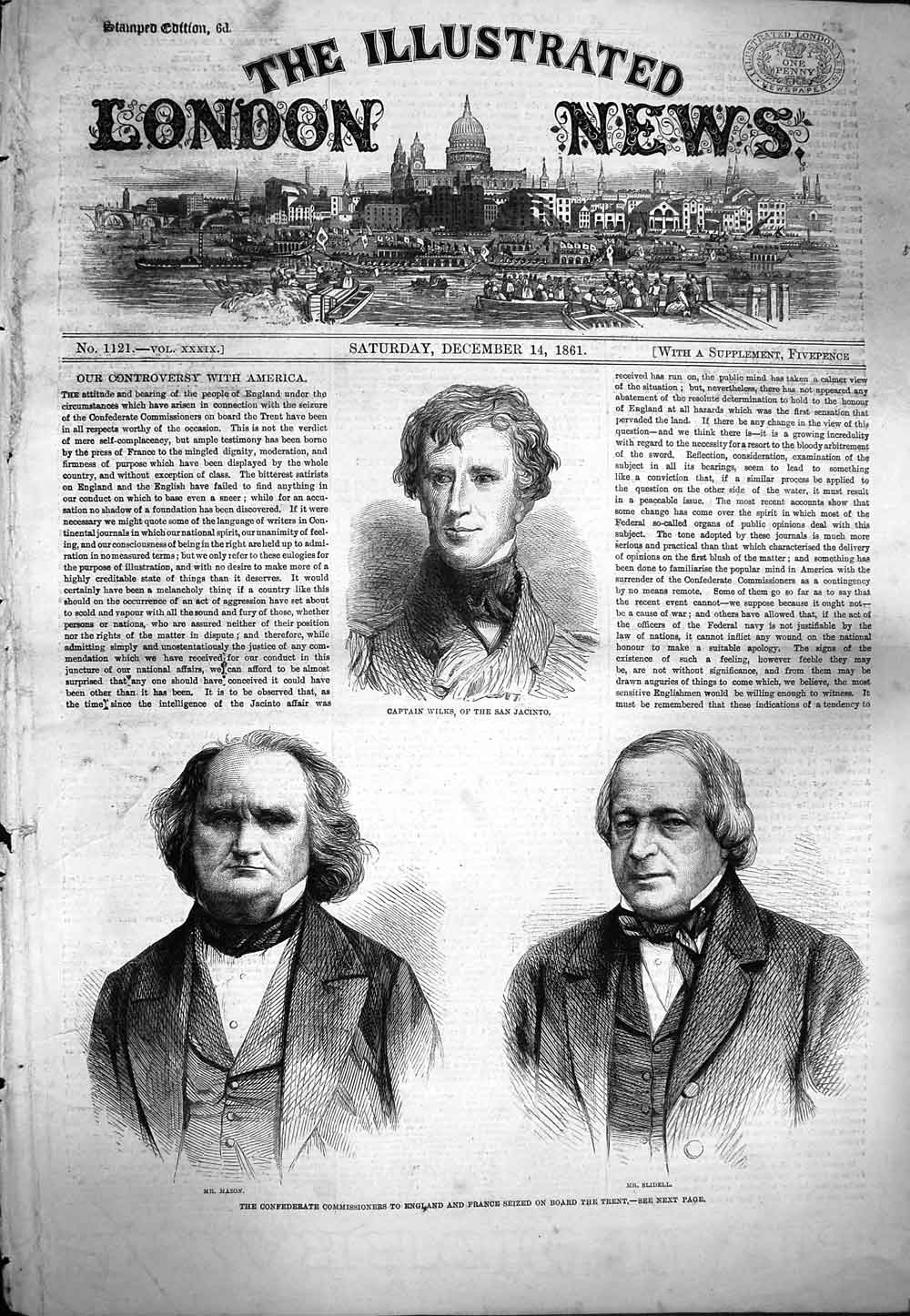 Original Old Antique Print 1861 Captian Wilks San Jacinto Mason Slidell Trent
