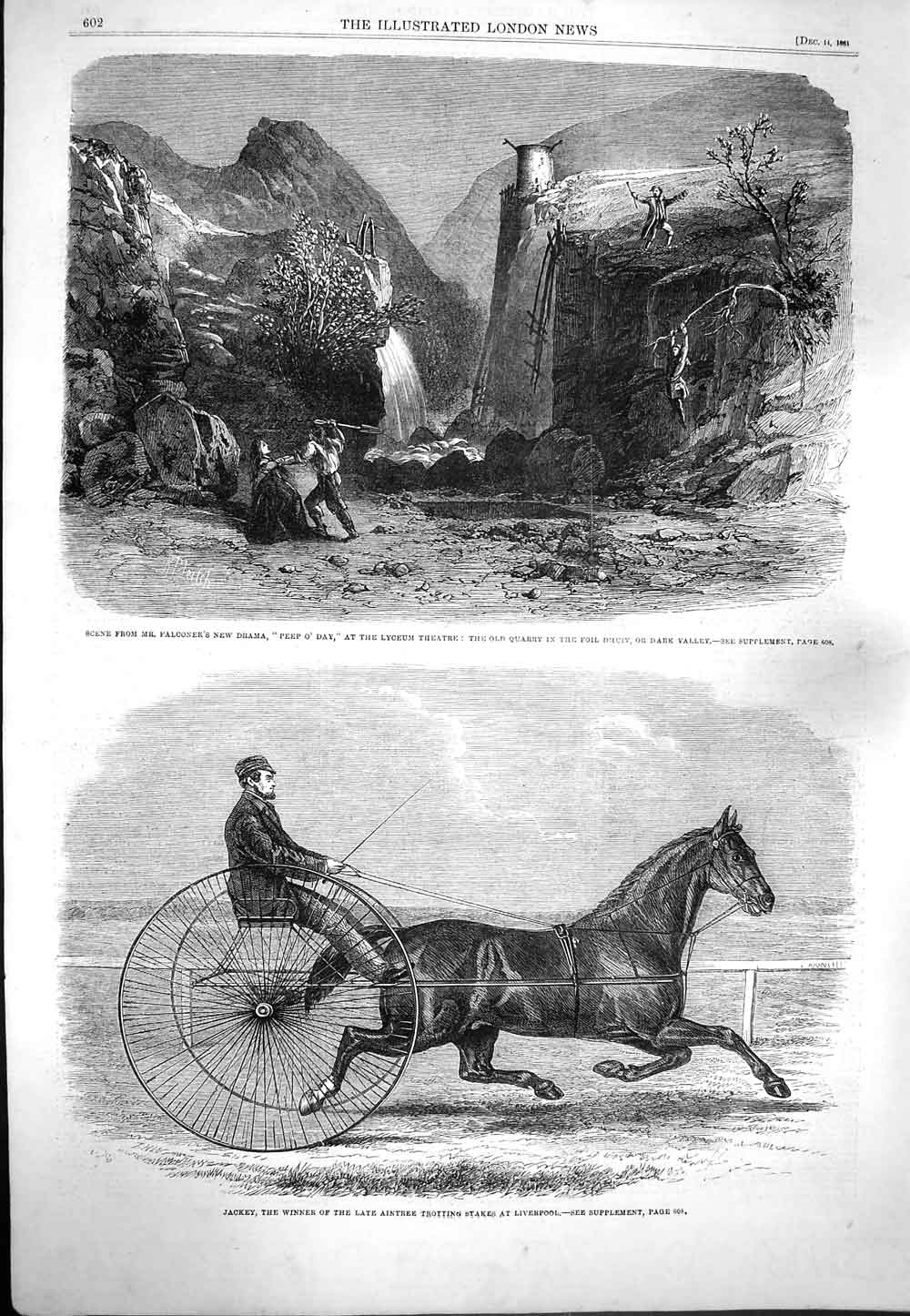 Original Old Antique Print 1861 Jackey Aintree Trotting Horse Liverpool Theatre