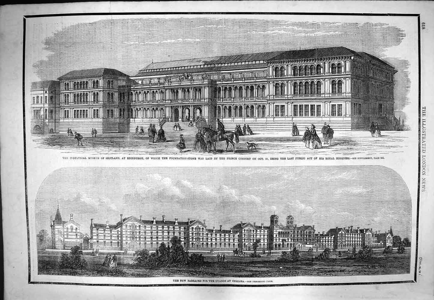 Old Antique Print 1861 Musuem Scotland Edinburgh Prince Consort Barracks 19th