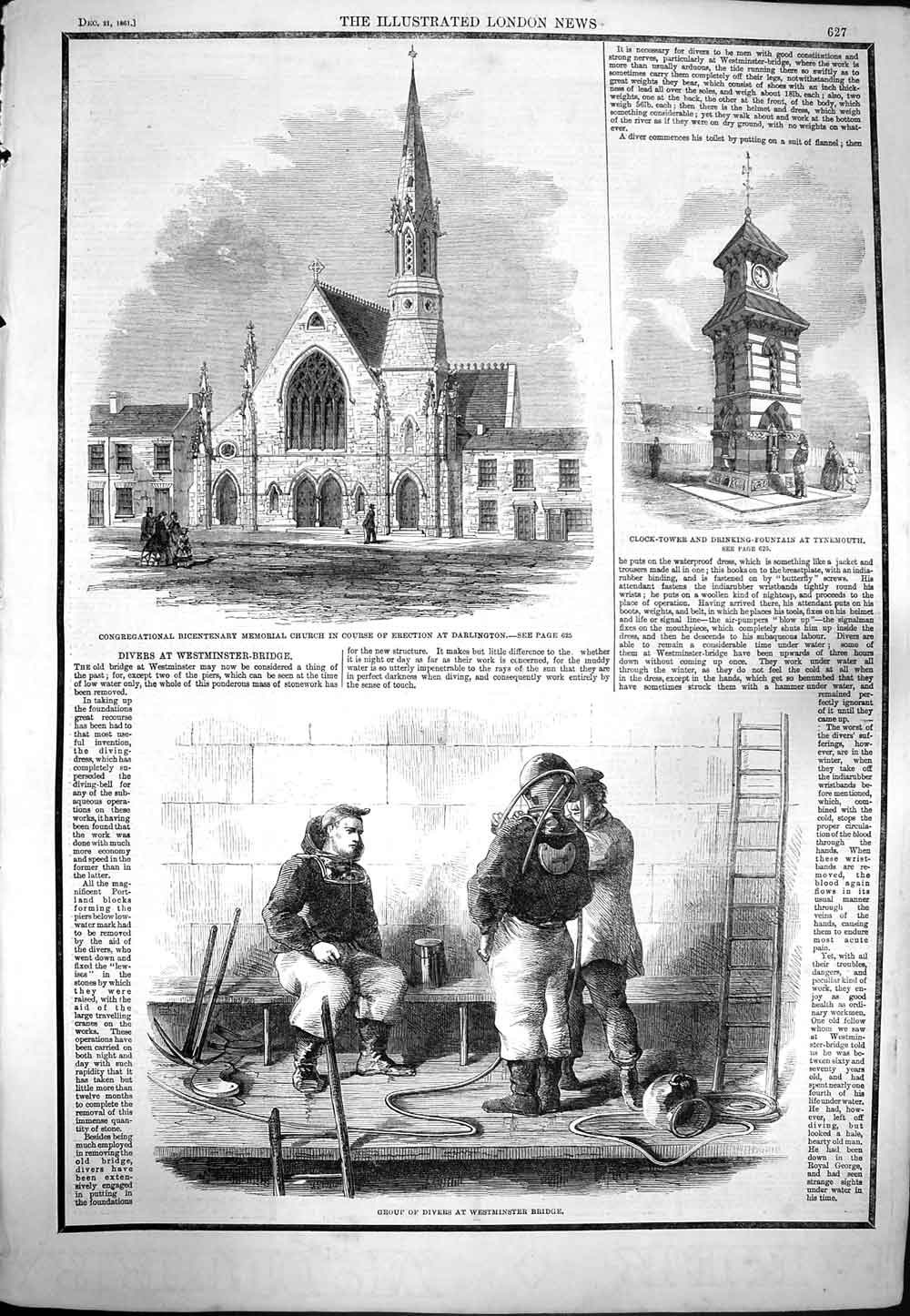 Old Antique Print 1861 Westminster Bridge Church Darlington Divers Clock 19th