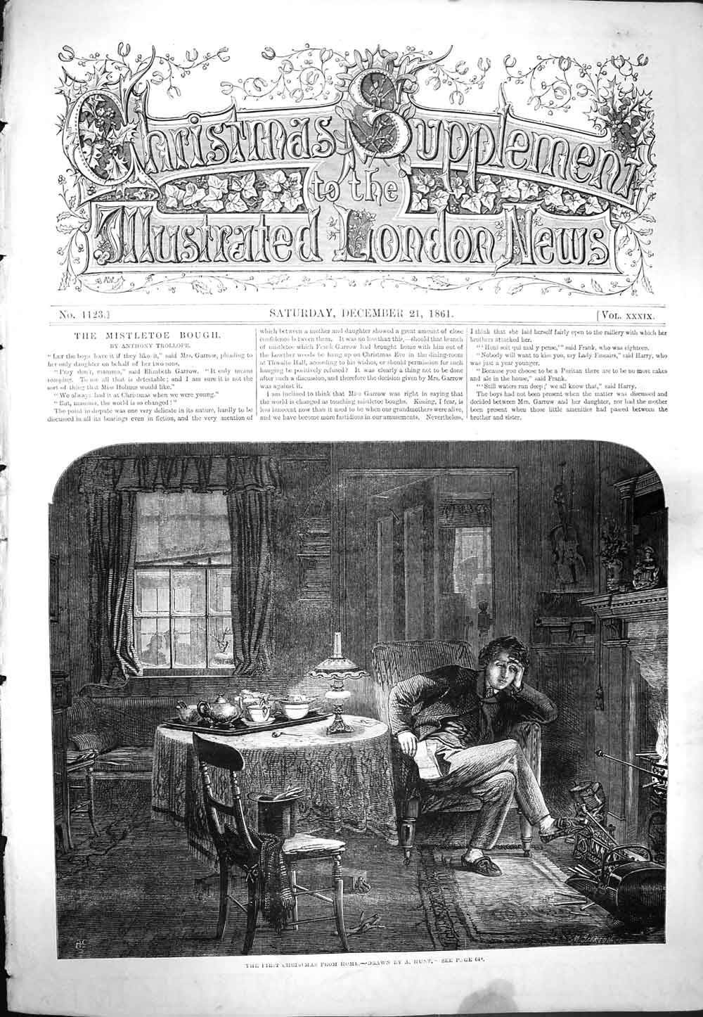 Old Antique Print 1861 Family Home Scene Christmas Man Letter Table Chair 19th