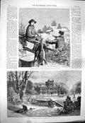 Original Old Antique Print 1861 Julian Ravenhurst Mansion House Hunting Rabbits