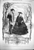 Original Old Antique Print 1861 Christmas Mistletoe Bouch Romance Man Woman