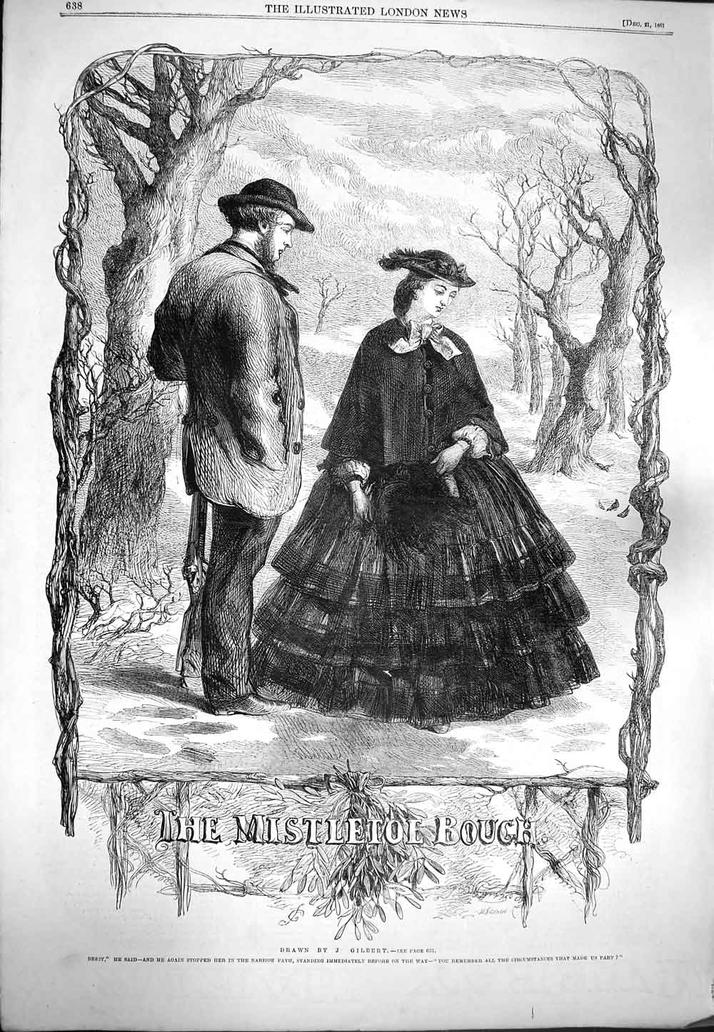 Original Old Antique Print 1861 Christmas Mistletoe Bouch Romance Man Woman
