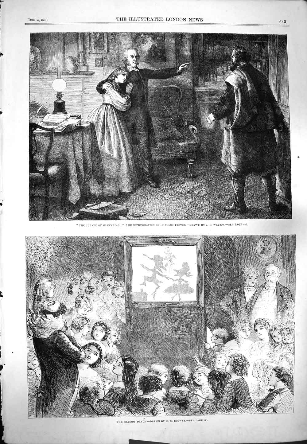 Original Old Antique Print 1861 Curate Glevering Charles Trevor Shadow Dance