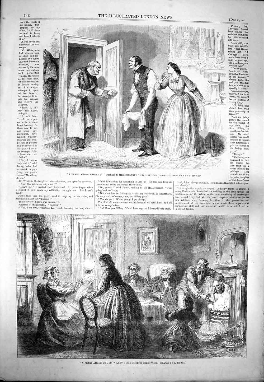 Original Old Antique Print 1861 Pearl Among Women Theatre Scene Huard Victorian