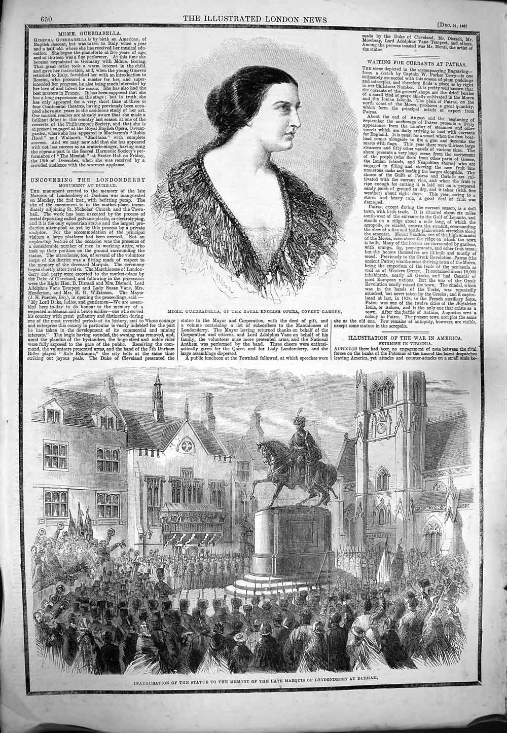 Original Old Antique Print 1861 Guerrabella English Opera Statue Londonderry