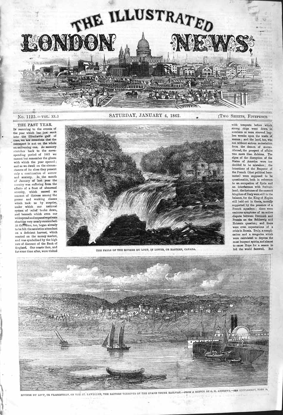 Original Old Antique Print 1862 Falls Riviere Du Loup Canada Lawrence Ships