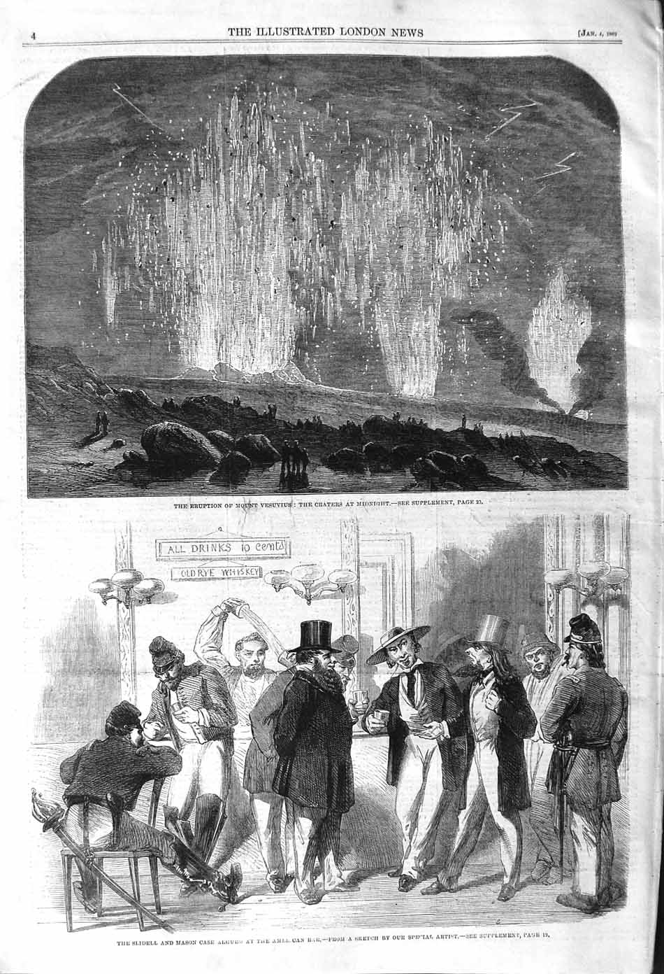 Old Antique Print 1862 Eruption Mount Vesuvius Volcano Mason America Bar 19th
