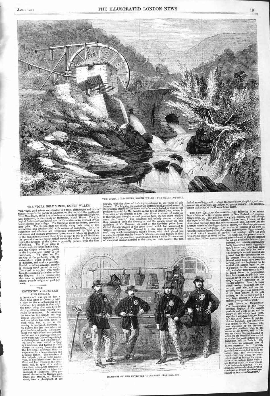 Original Old Antique Print 1862 Vigra GMines Wales Coventry Fire Brigade 19th