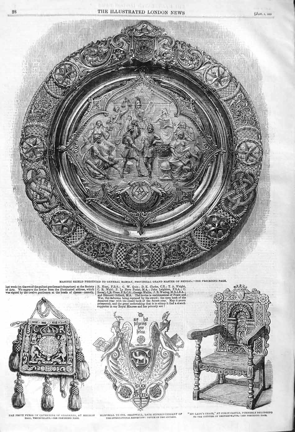 Old Antique Print 1862 Masonic Shield General Ramsay Privy Purse Shadwell 19th