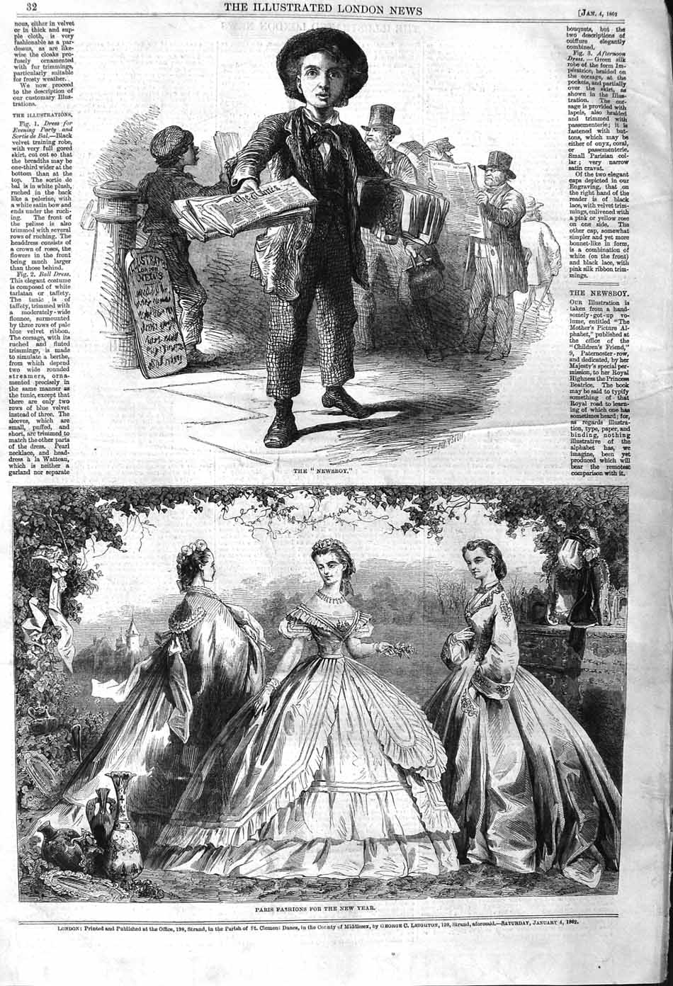 Original Old Antique Print 1862 Paris New Year Fashion Newspaper Boy Stree 19th