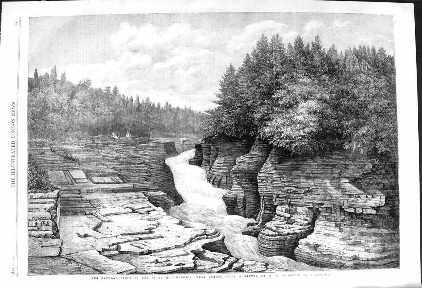 Original Old Antique Print 1862 Natural Steps River Montmorency Quebec Canada