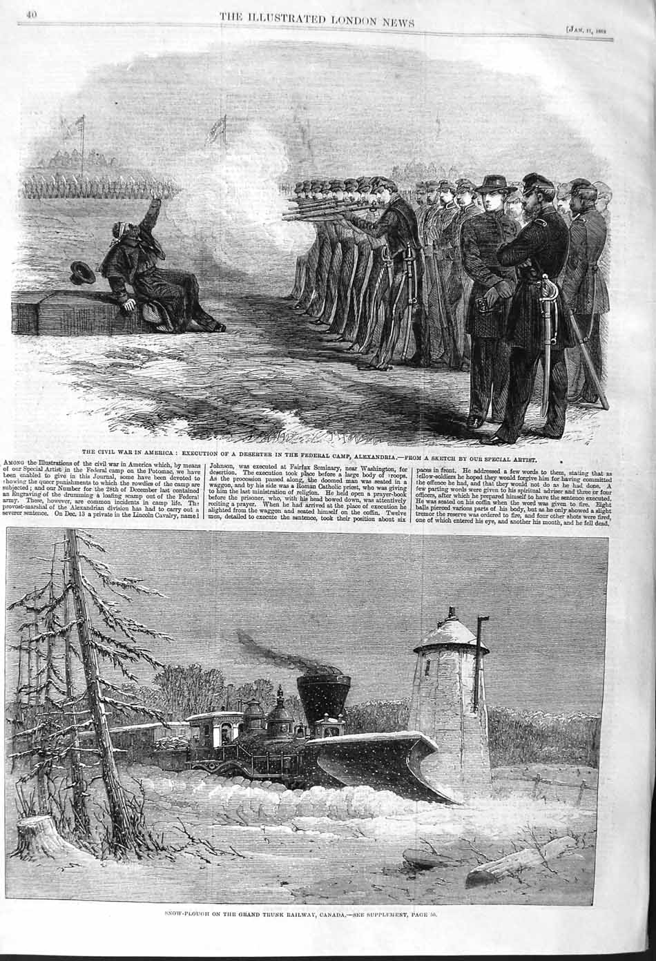 Old Antique Print 1862 War America Federal Alexandria Snow Plough Train 19th