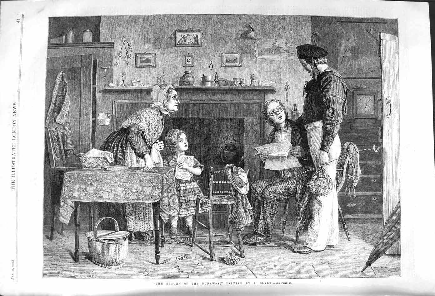 Original Old Antique Print 1862 Family Home Scene Return Runaway Navy Sailor