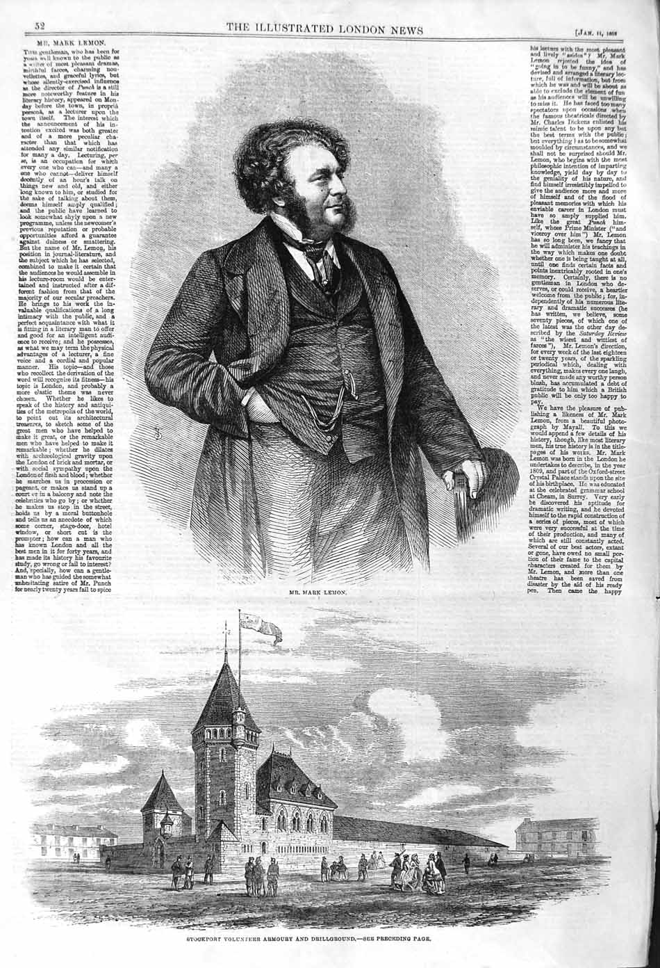Original Old Antique Print 1862 Mr Mark Lemon Stockport Armoury Drillground