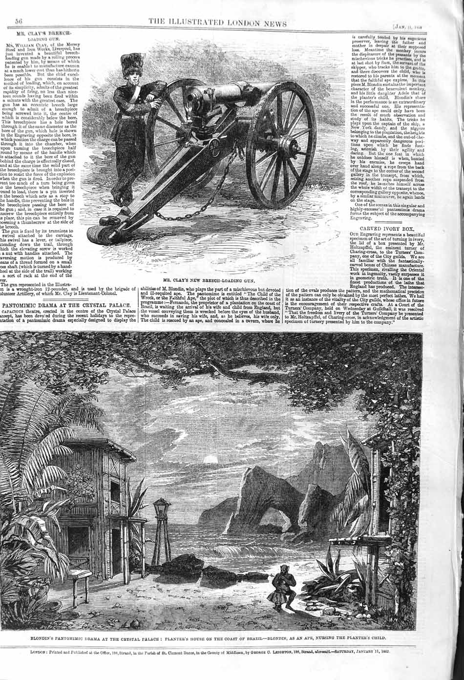 Old Antique Print 1862 Clay Breech-Loading Gun Blondin Theatre Brazil Ape 19th