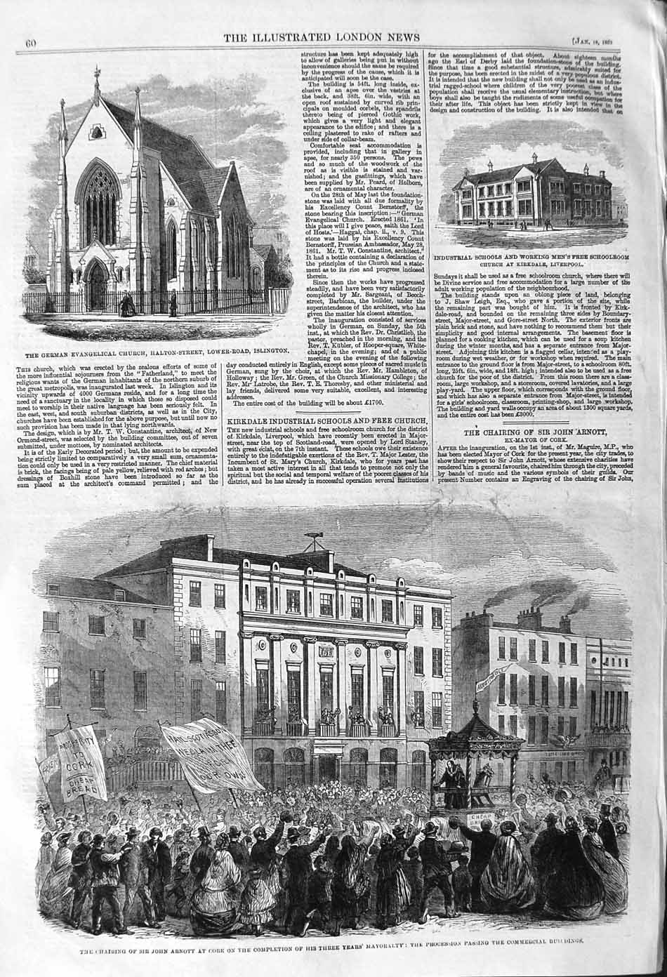 Old Antique Print 1862 John Arnott Cork Church Islington School Liverpool 19th