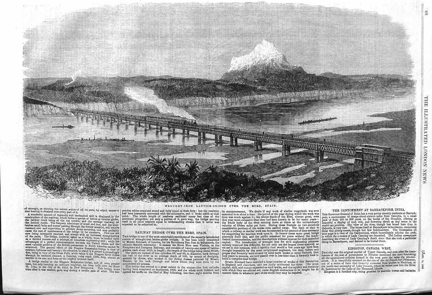 Old Antique Print 1862 Wrought Iron Lattice Bridge Ebro River Train Spain 19th
