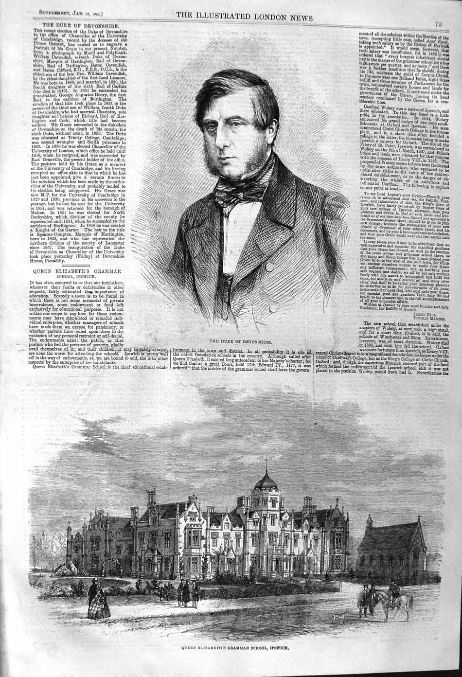Original Old Antique Print 1862 Duke Devonshire Queen Elizabeth School Ipswich