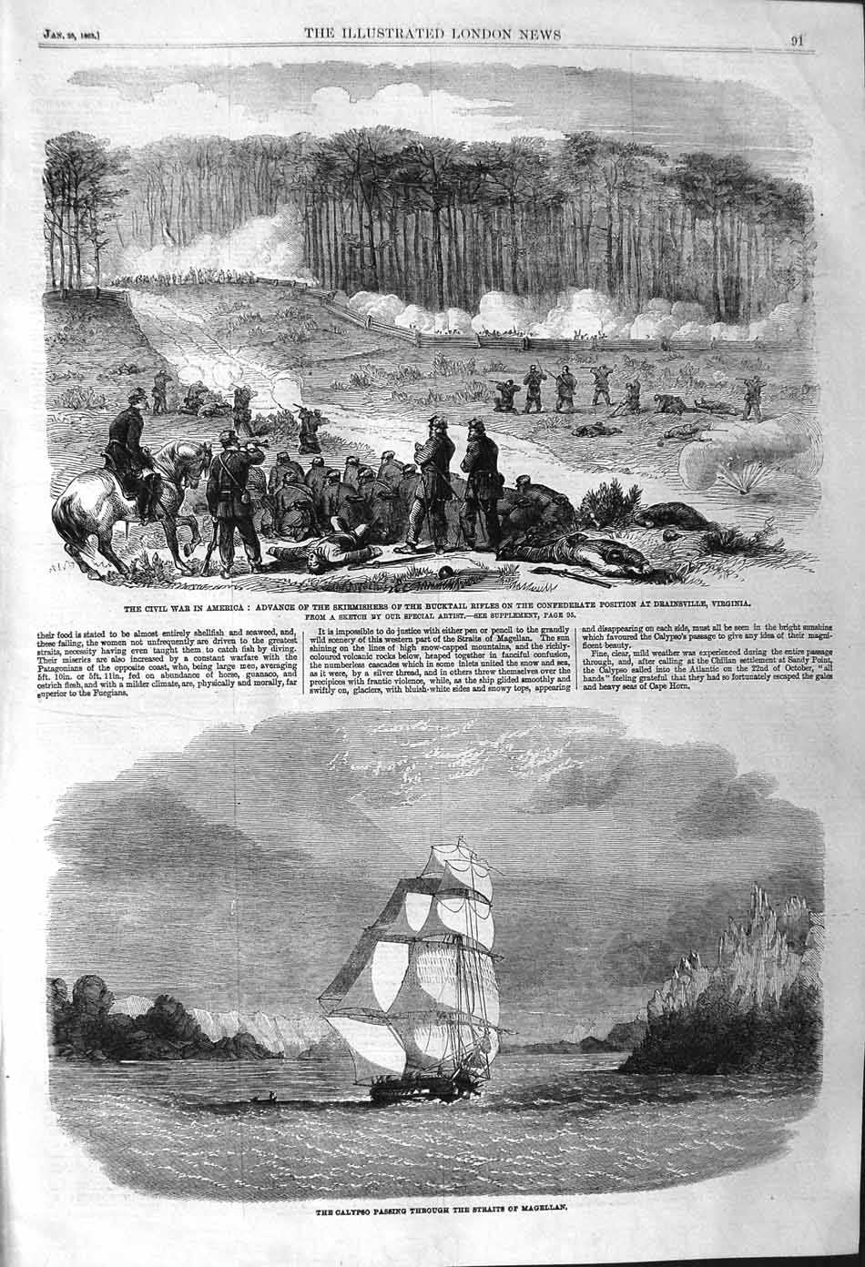 Old Antique Print 1862 War America Bucktail Rifles Virginia Ship Calypso 19th