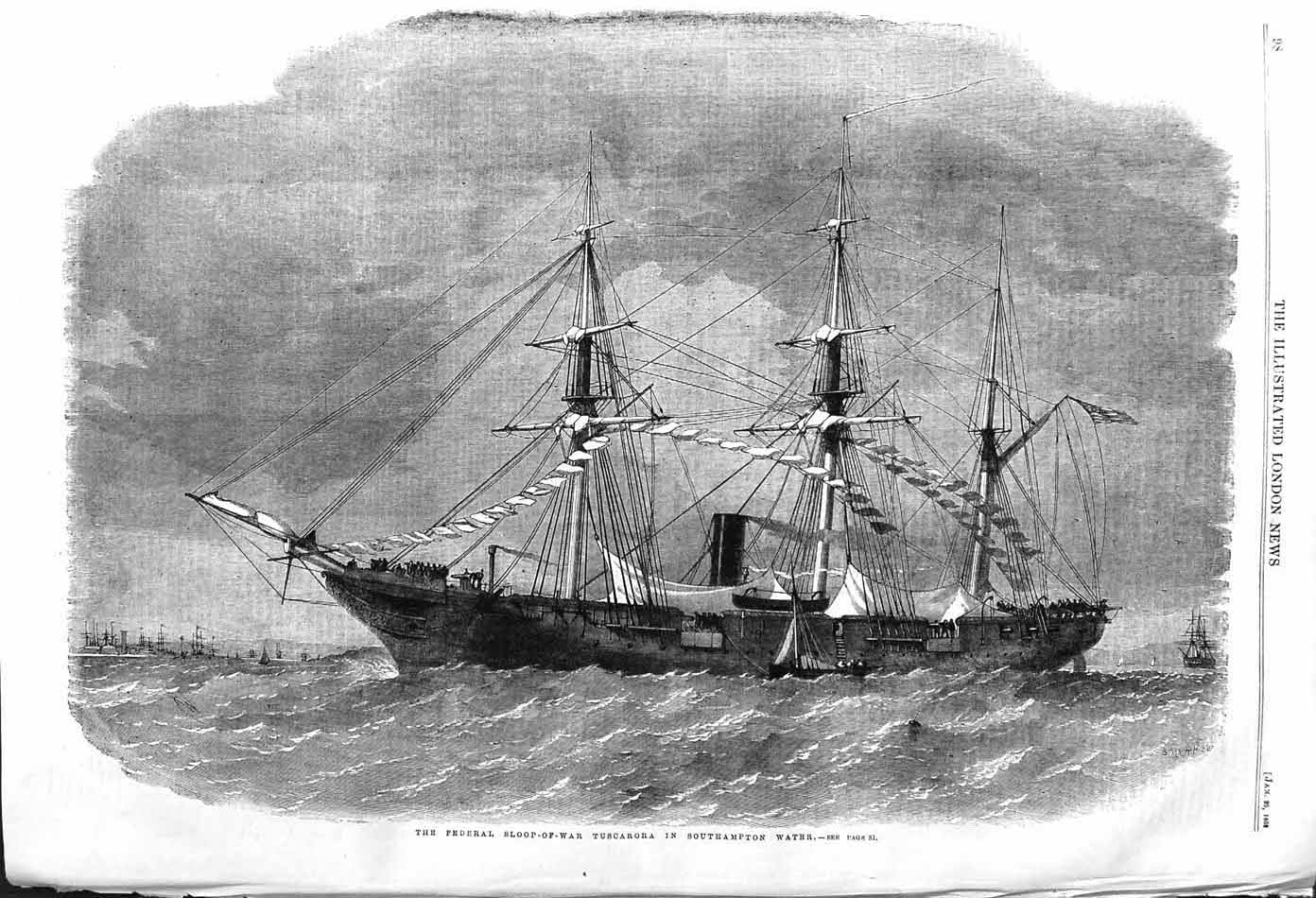 Original Old Antique Print 1862 Federal Sloop-Of-War Ship Tuscarora Southampton