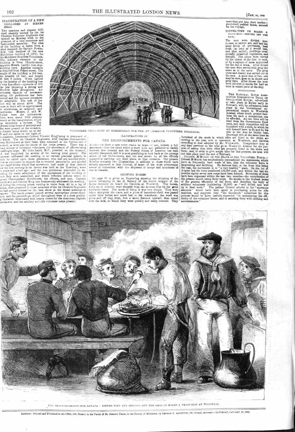 Original Old Antique Print 1862 Drill Shed Birkenhead Cheshire Canada Woolwich