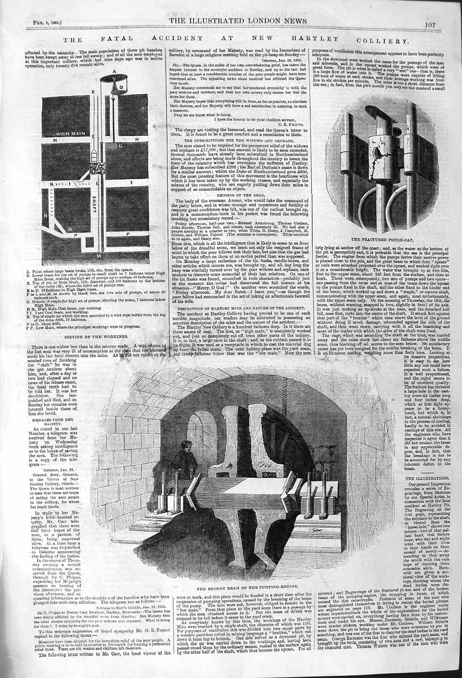Original Old Antique Print 1862 Hartley Colliery Piston Cap Broken Beam Engine