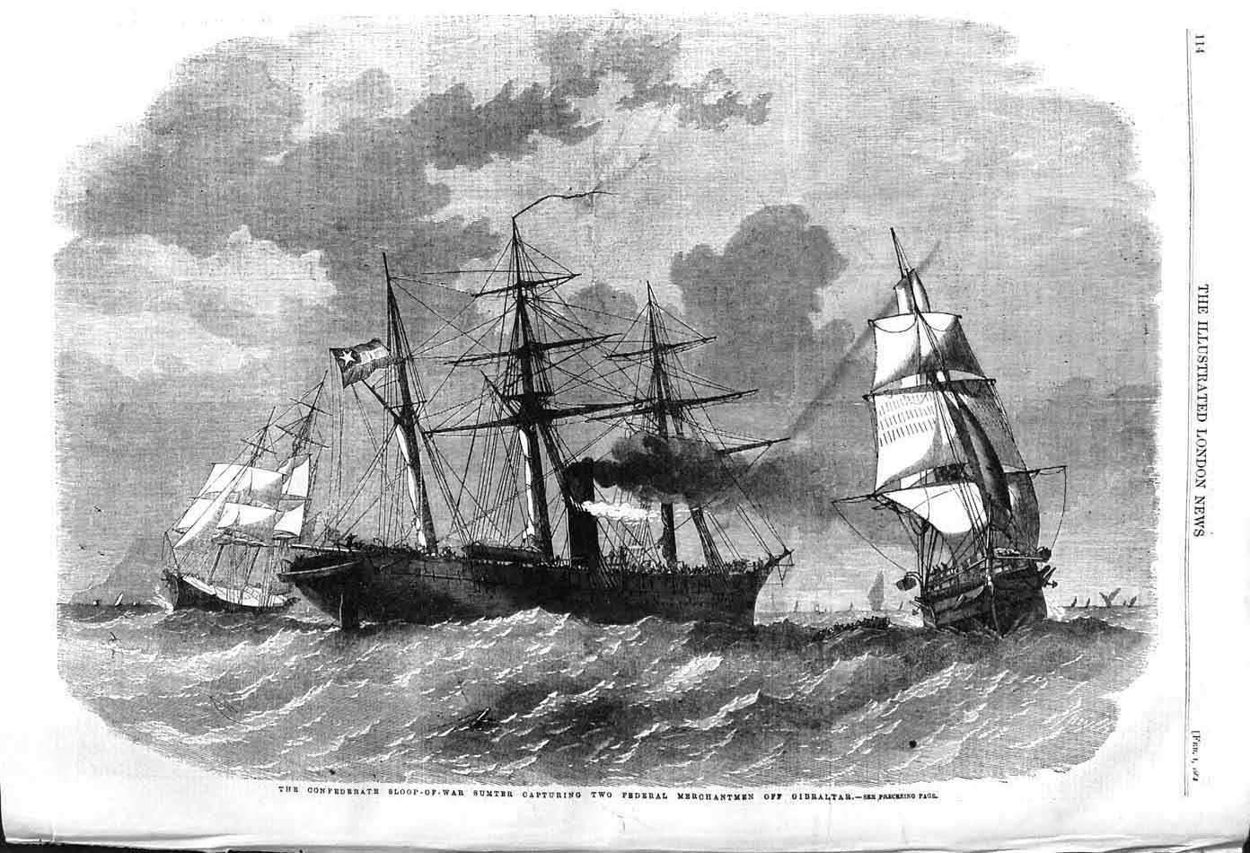 Original Old Antique Print 1862 Confederate Sloop-Of-War Ship Feder Victorian