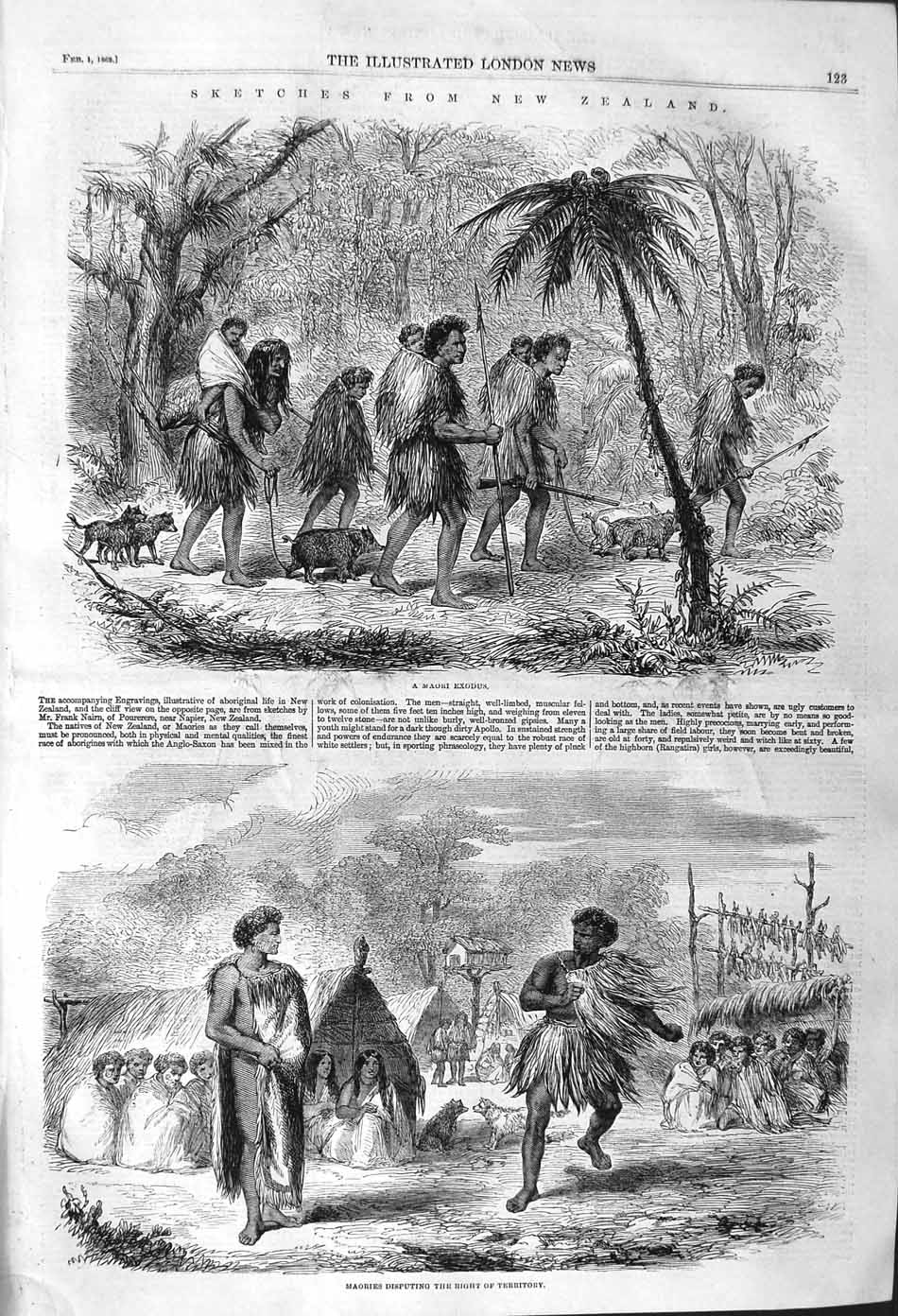 Original Old Antique Print 1862 New Zealand Maori Exodus Disputing Right Te 19th