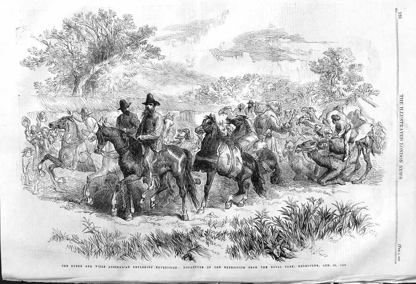 Original Old Antique Print 1862 Burke Wills Australian Explorers Melbour 19th