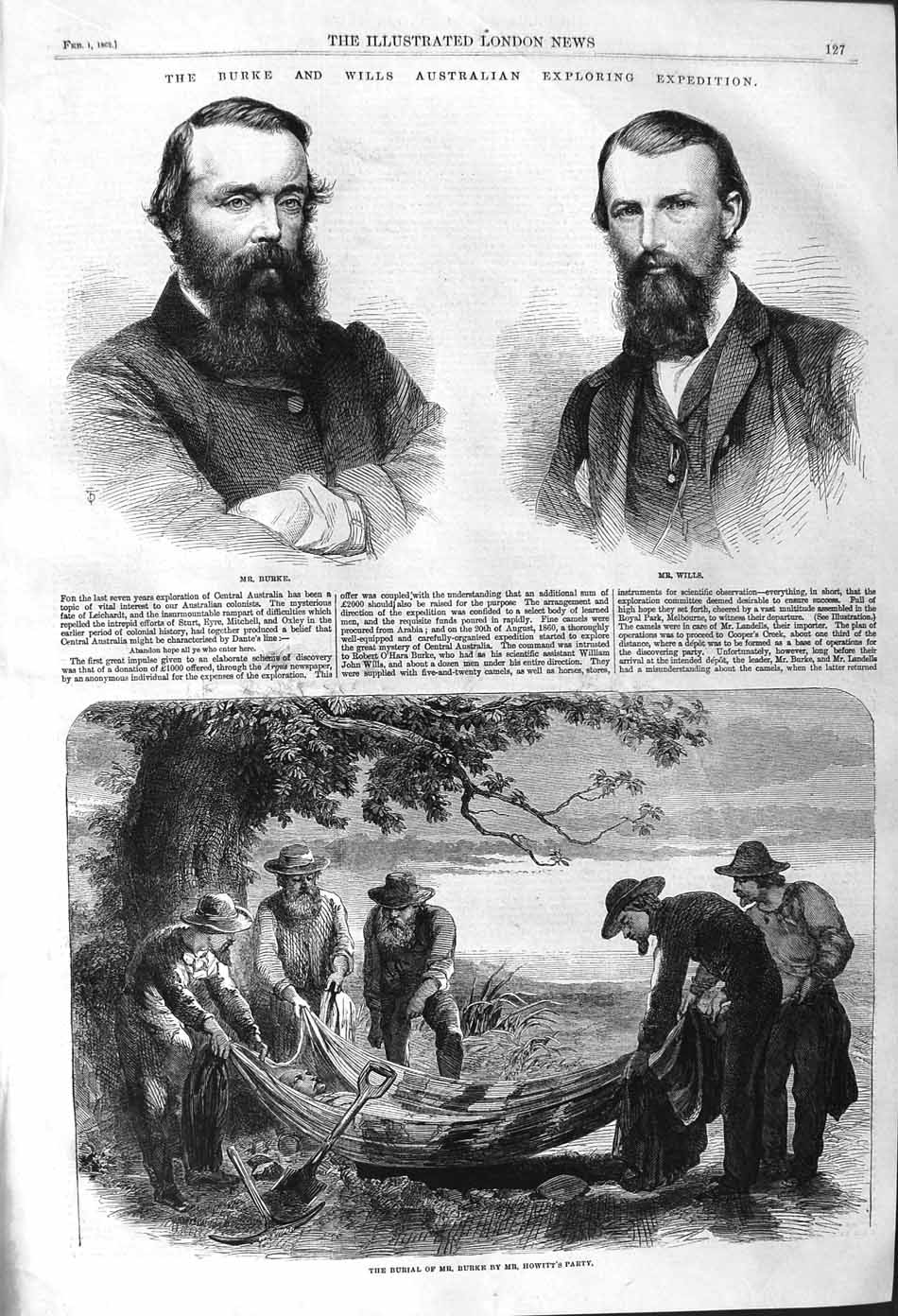 Original Old Antique Print 1862 Burke Wills Explorers Australia Burial Victorian