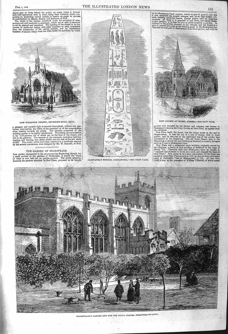 Old Antique Print 1862 Shakspeare Garden Guild Chapel Cleopatras Needle 19th