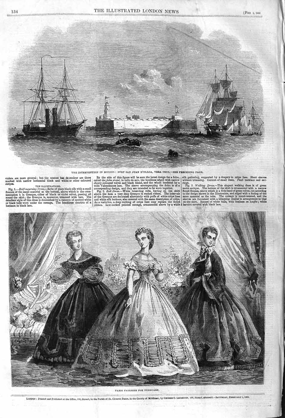 Original Old Antique Print 1862 Paris Fashion Mexico Fort Juan D'Ulloa Ve 19th