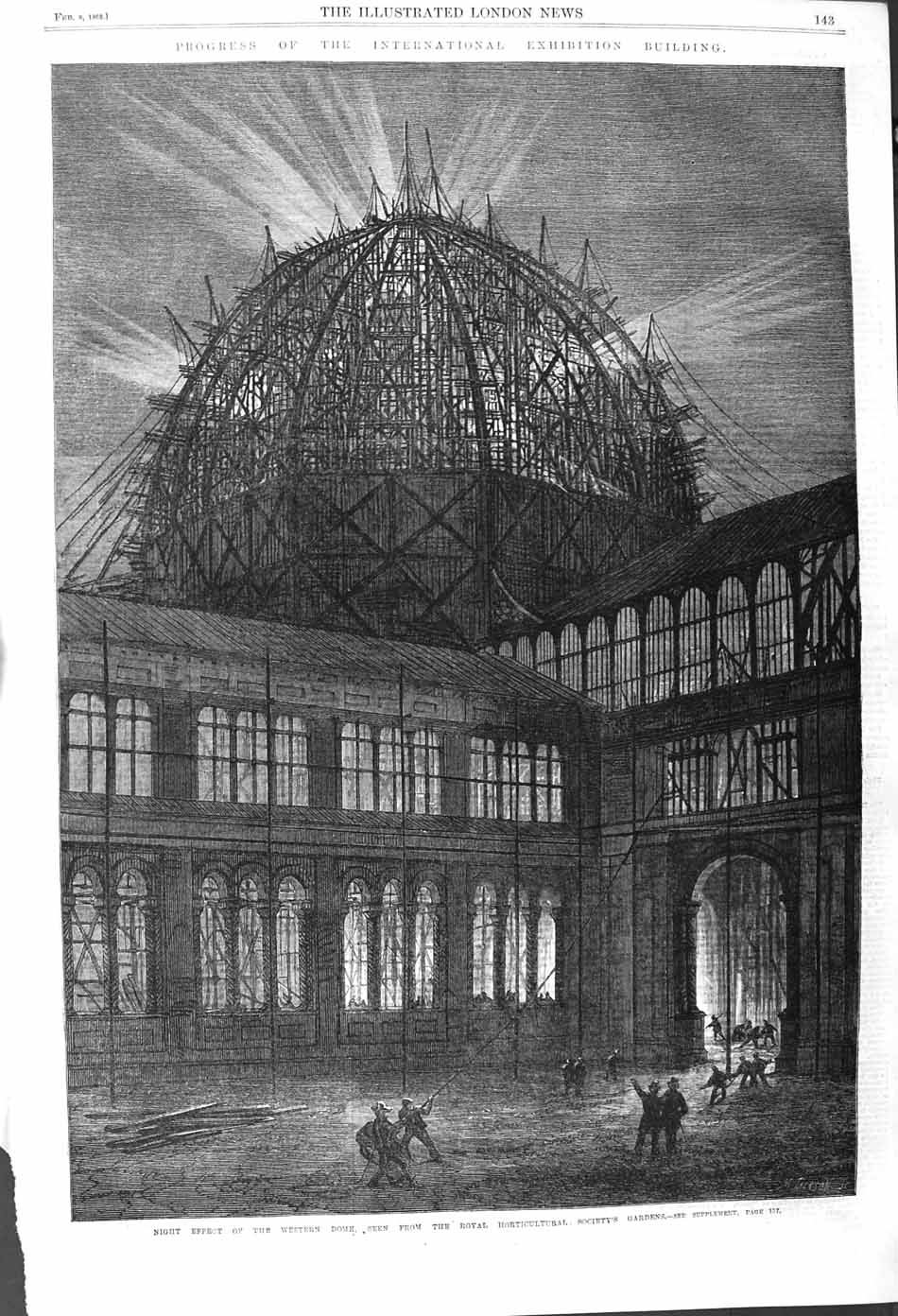 Original Old Antique Print 1862 International Exhibition Building Horticultural