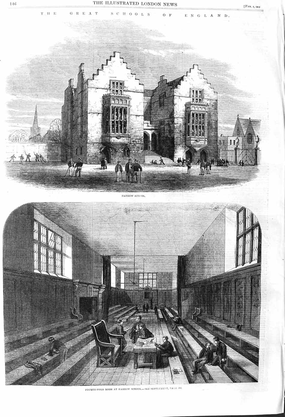 Original Old Antique Print 1862 Harrow School England Fourth-Room Teachers 19th