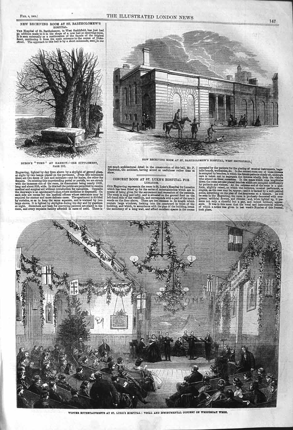 Original Old Antique Print 1862 Luke'S Hospital Concert Bartholomews Byron Tomb