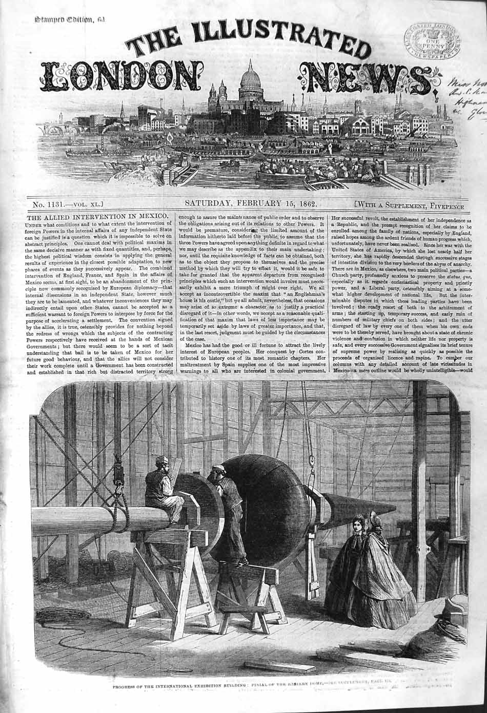 Original Old Antique Print 1862 International Exhibition Building Eastern Dome