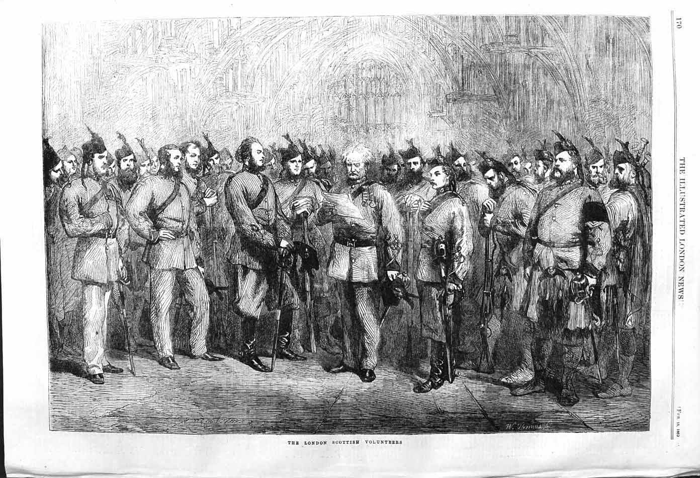 Original Old Antique Print 1862 London Scottish Volunteers Siers War Army 19th