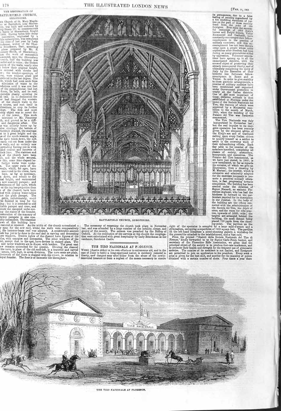 Old Antique Print 1862 Battlefield Church Shropshire Tiro Nazionale Italy 19th