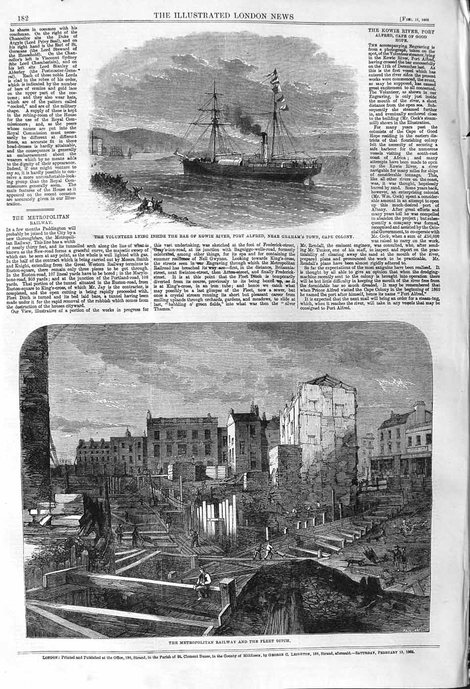 Old Antique Print 1862 Metropolitan Railway Fleet Ditch Kowie Port Alfred 19th