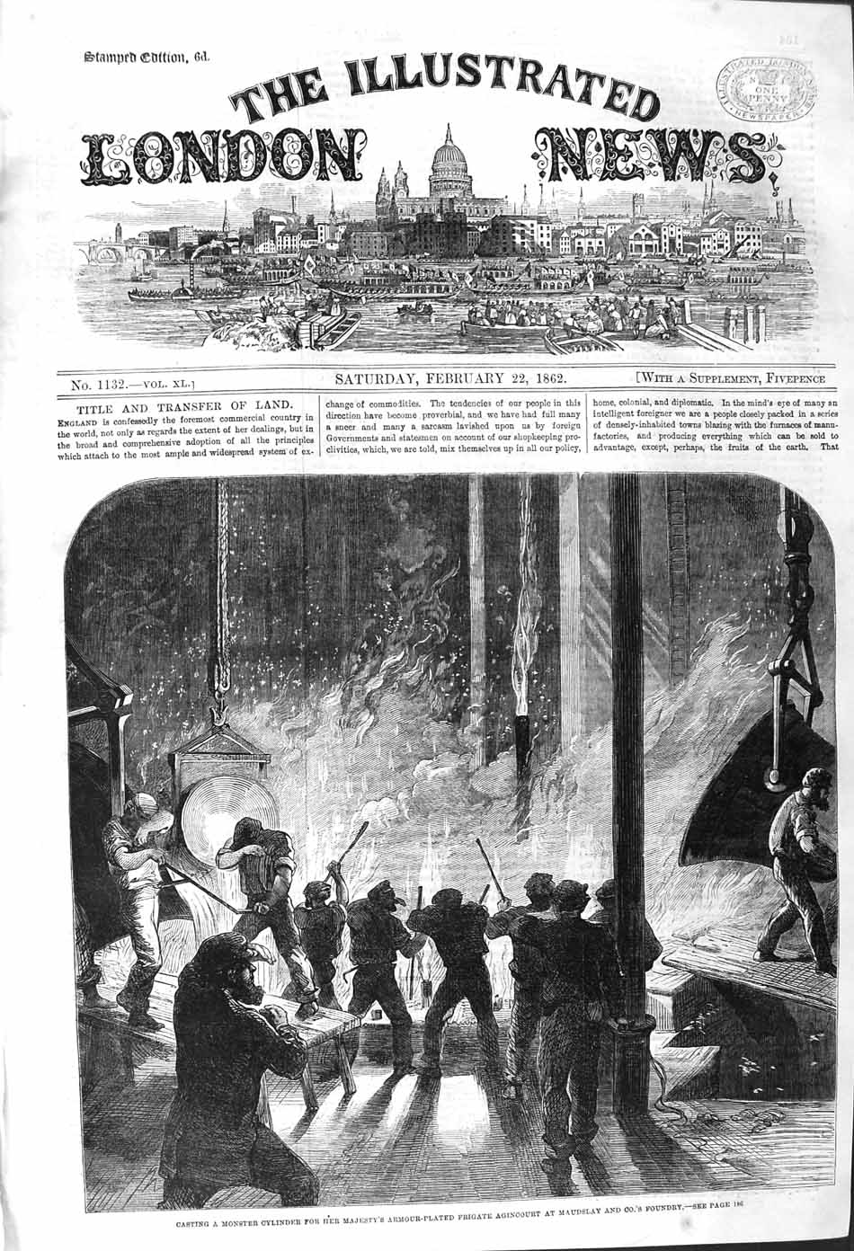 Original Old Antique Print 1862 Casting Monster Cylinder Ship Agincourt M 19th